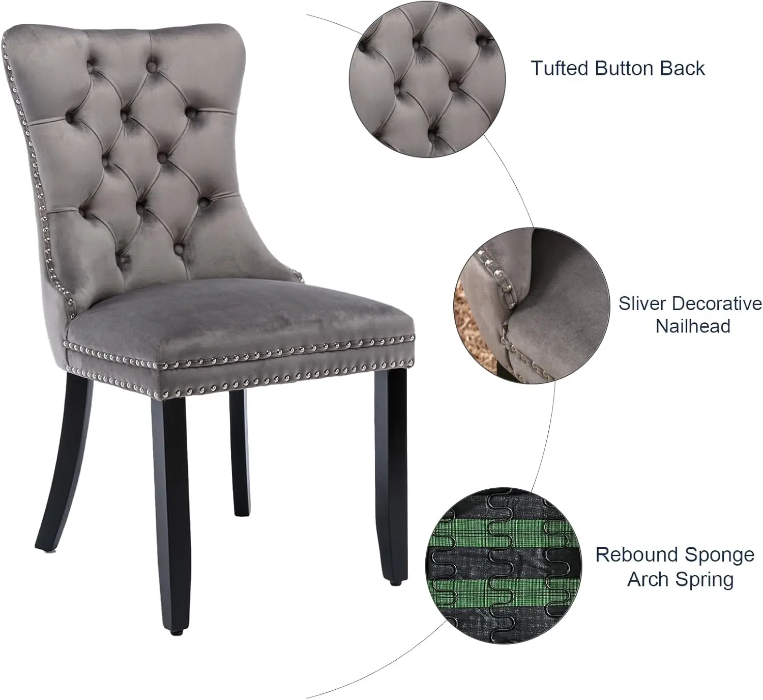 Grey Velvet Dining Chairs Set Of 4, Tufted Upholstered Dining Room Chairs With Back Ring Pull, Nailhead Trim And Solid Wood