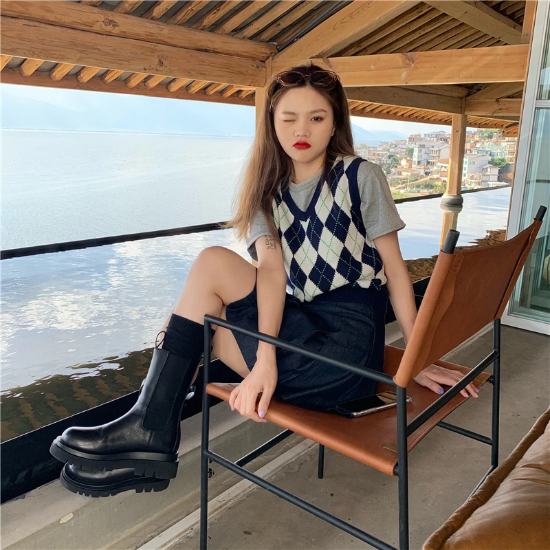 

Slim Fit Short Knitted Vest Women's Summer New Style V-Neck Sleeveless Patchwork Color College Style Fashion Outerwear