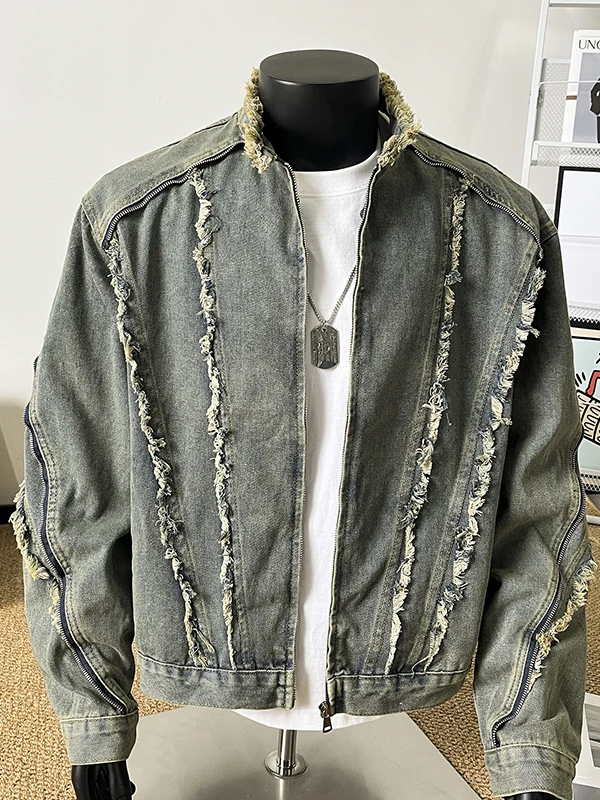 

Модная джинсовая куртка свободного кроя на молнии для мужчин, весна-осень, в американском винтажном стиле, с воротником-стойкой, дизайнерский повседневный топ