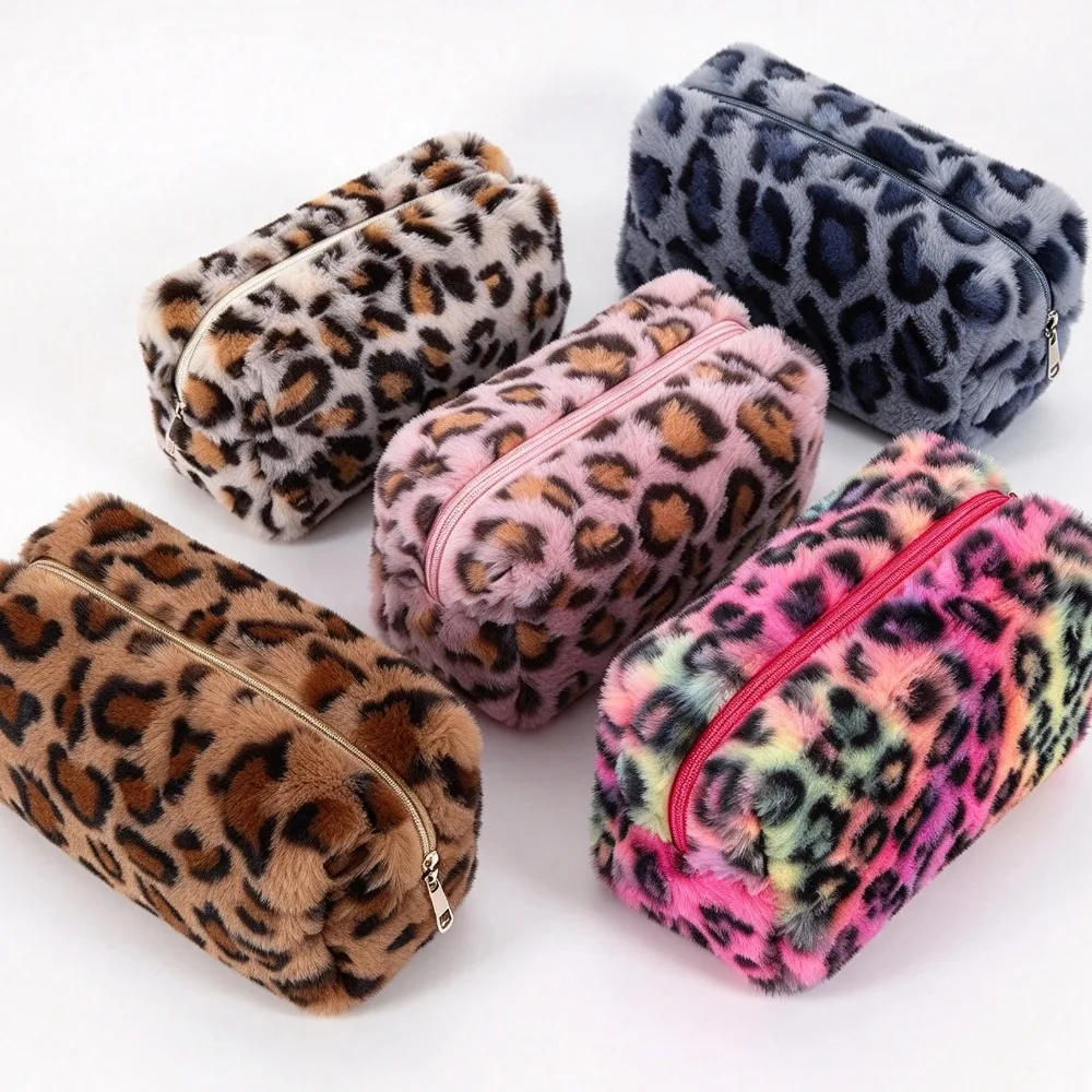 Fashion Cosmetic Storage Bag Plush Leopard Print Makeup Bag Large Capacity Cosmetic Pouch Cute Fluffy Storage Case Pencil Case