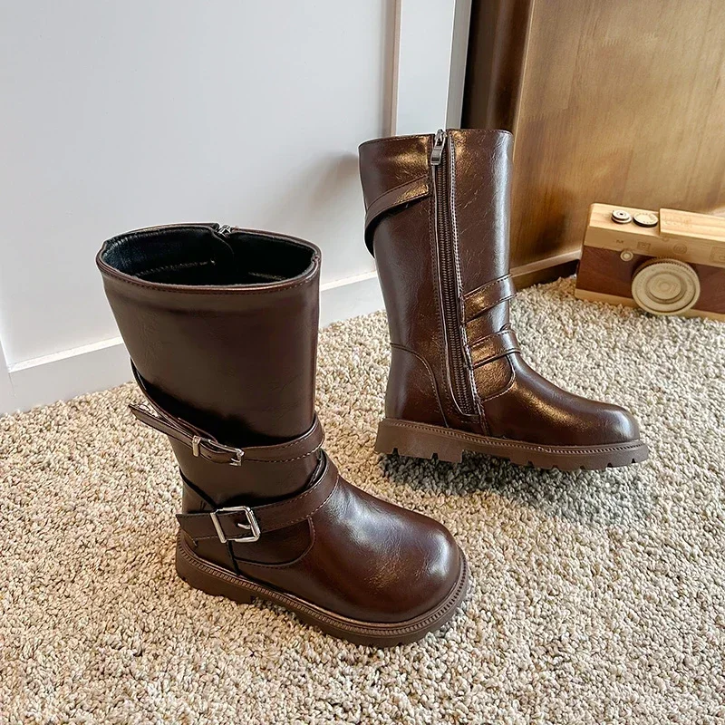 Girls Dual Buckle Knee High Boots, Side Zip Fleece Lined, Non-Slip Sole, Kids Tall Riding Boots for Fall Winter Daily