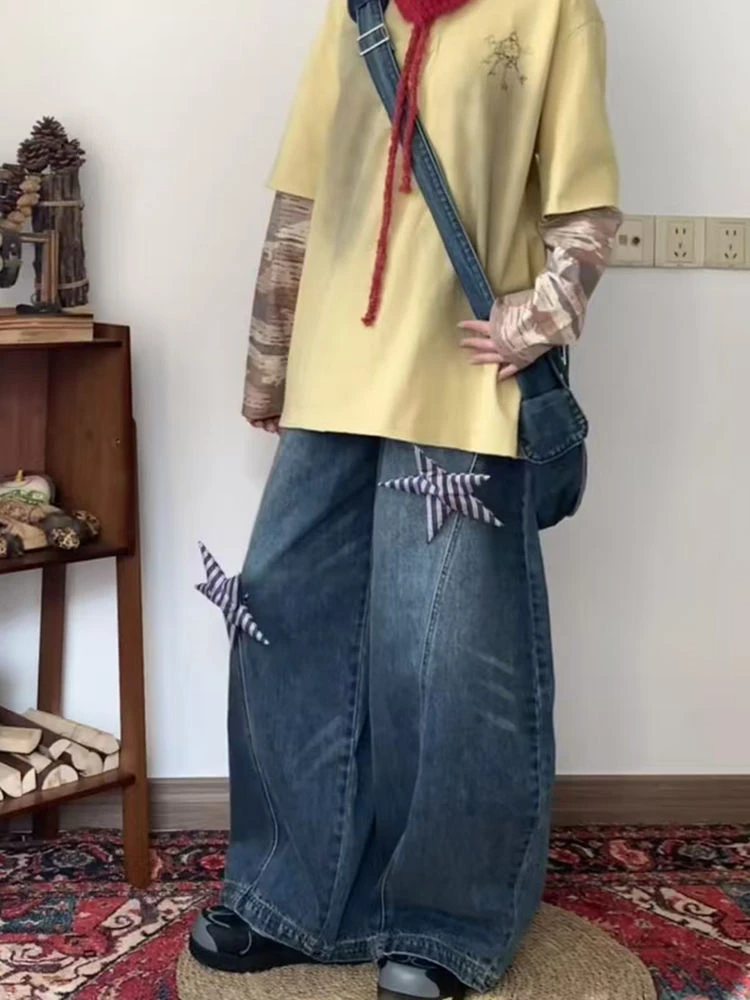 

Women's Star Decorated Loose Wide Leg Jeans Personalized Trousers Cool Girl Casual Bottoms Female Curved Blue Denim Pants