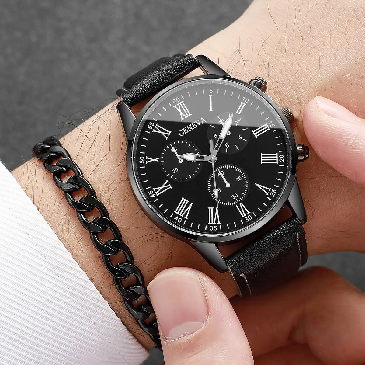 4 개/대 패션 남자 시계 캐주얼 가죽 밴드 아날로그 석영 손목 시계 남자 비즈니스 시계 선물 쥬얼리 세트 (상자 제외)