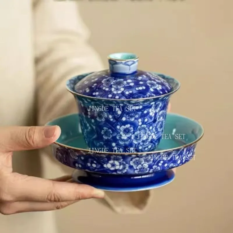 Blue Ice Plum Blossom Gaiwan with Green Interior Traditional Chinese Porcelain Lidded Cup with Lid and Saucer for Kung Fu Tea