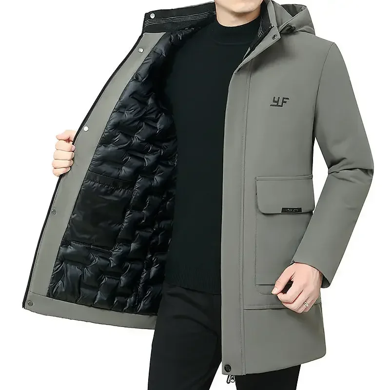 Parka com capuz com zíper masculino, casaco quente, roupa engrossa, roupas monocromáticas, marcas de luxo de alta qualidade, inverno