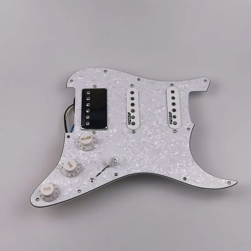 Prewired HSS Loaded Pickguard White Pearl 3-Ply Chrome Humbucker Single Coil Pickups Assembly for ST Strat Guitar