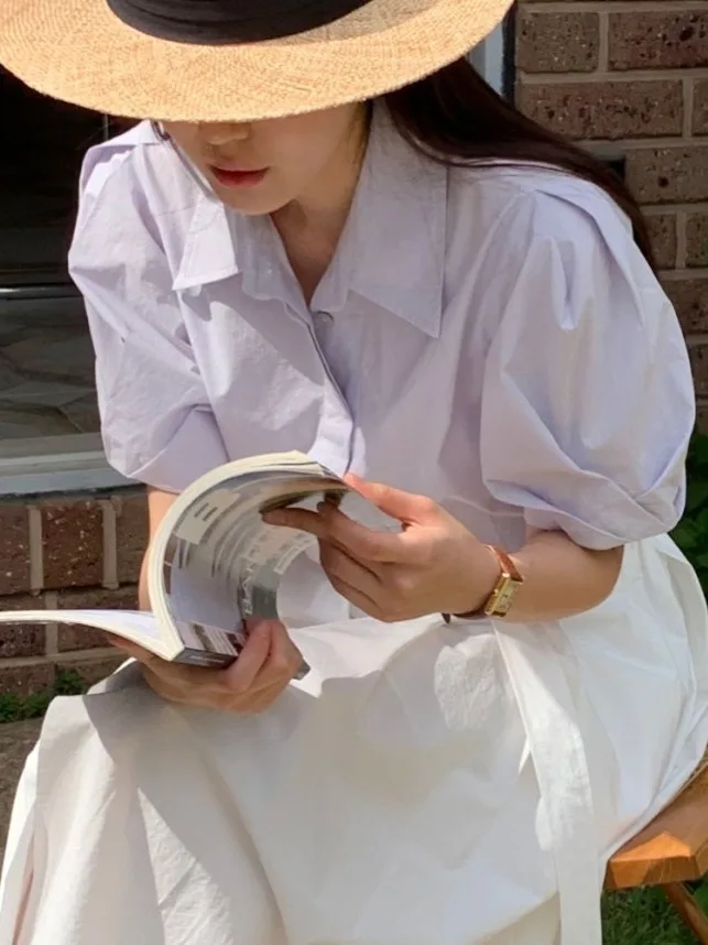 Elegant Chic Women's Bubble Sleeve Shirt Single Button Flip Collar Fashionable Top Korean Style Short Sleeve Other Material