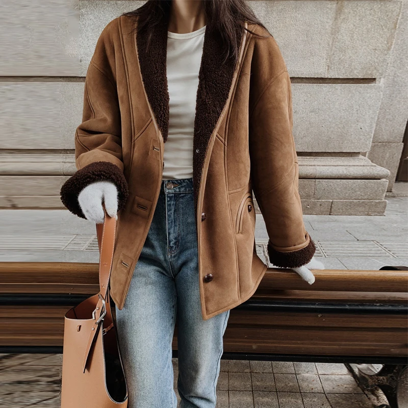 100% Wool Lining Women's Suede Leather Coat 2024 Fall Winter Loose Female Casual Warm Full Sleeve Shearling Fur Jacket Coats