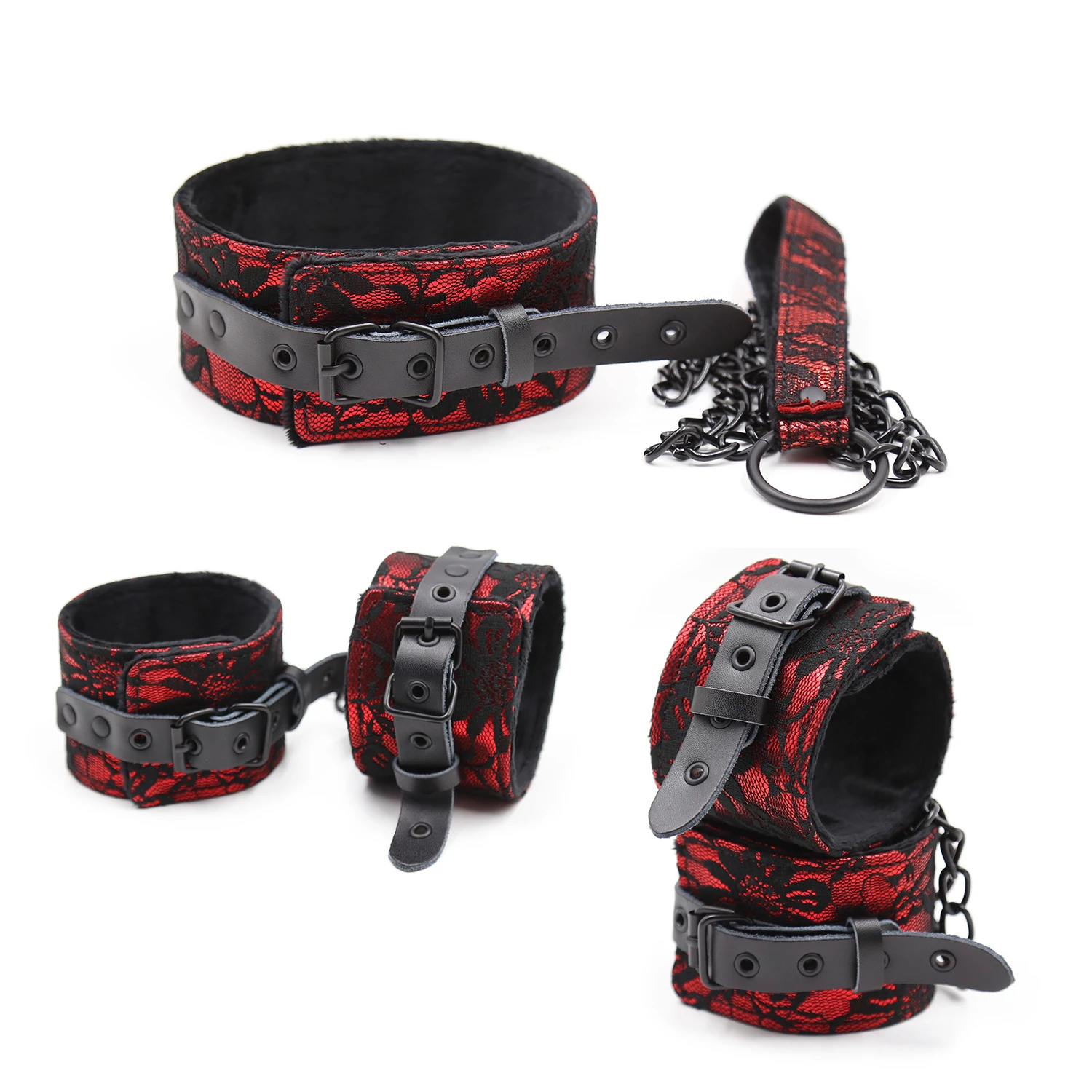 Thierry Lace Plush Leather Bondage Set Handcuffs Wrist Ankle Cuffs  Neck Collar Sex Toys Adult Games Restraints BDSM for Women