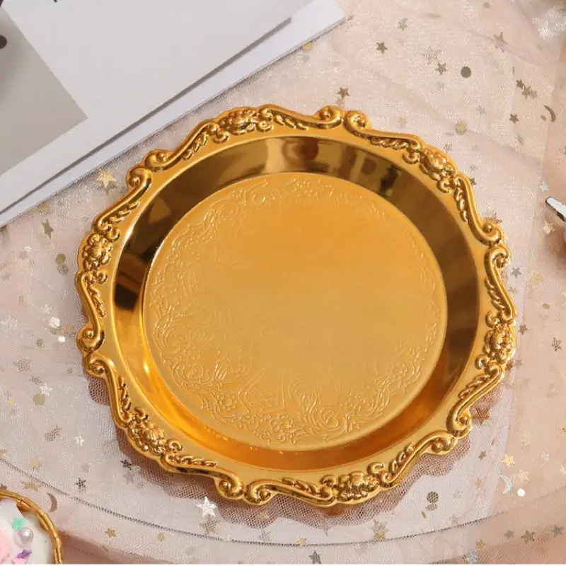 

1PCS Silver Golden Iron Tray Glossy Plate for Decoration Ornaments Buffet Fruit Cake Party Supplies Dessert Sundries Storage