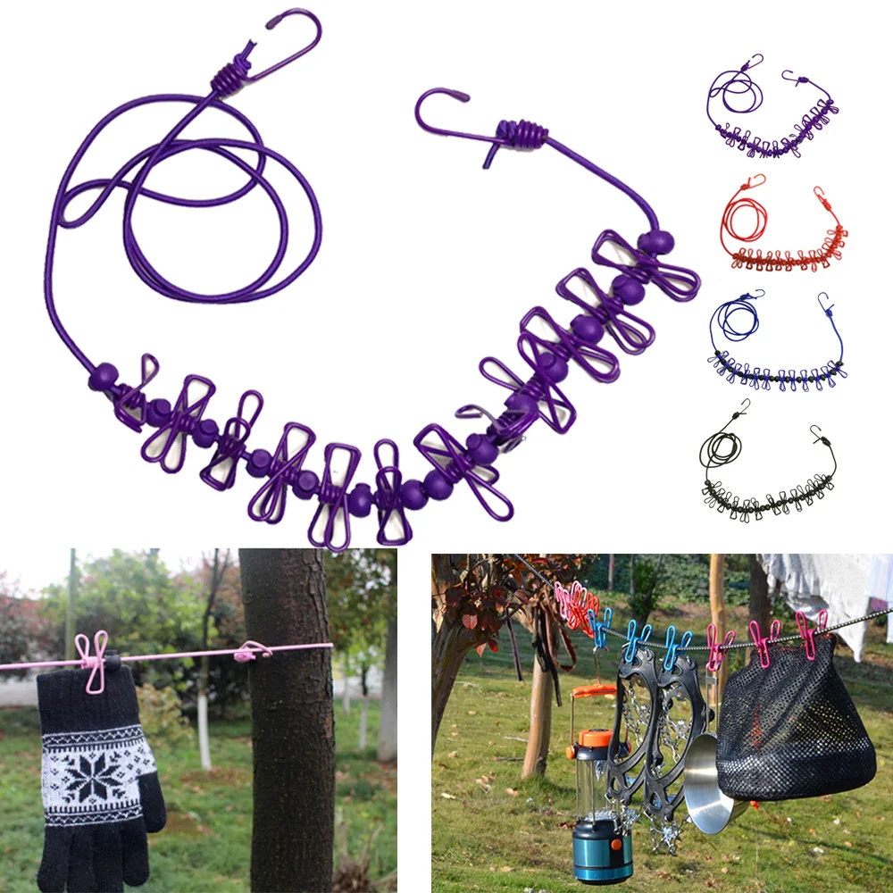 4M Outdoor Camping Non-slip Stretch Clothesline with 12Clips Travel Stretchy Clothesline Sock Line Hanging Laundry Drying Rope