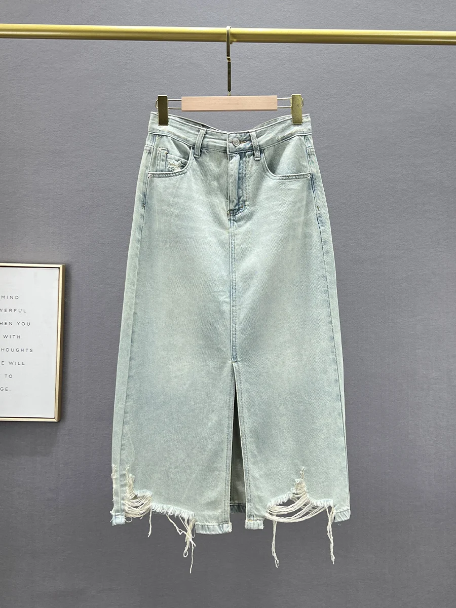 

Джинсовая юбка с высокой талией свободного кроя для женщин, весна 2023, новинка, в гонконгском стиле, с разрезом, средней длины, хлопок/полиэстер