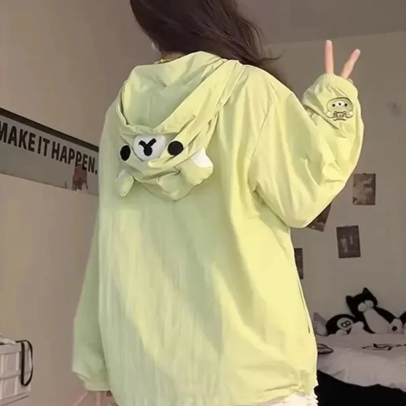 Y2K Embroidery Rilakkuma Sweatshirt Hoodie Sun Protection Jacket Girl Cute Soft UV Protection Loose Lightweight Coat Top Tee New