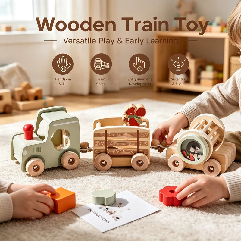 Wooden Multi-functional Smart Train Toy Early Education Shape Recognition Crawling Toy Car Set Birthday and Holiday Gift