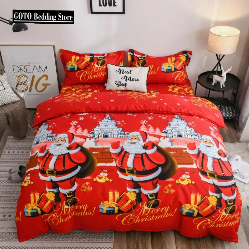 

Soft Microfiber Duvet Cover Set Queen Size Father Christmas and Reindeer,Snowflake,Print Comforter Cover with Pillow Cover Red