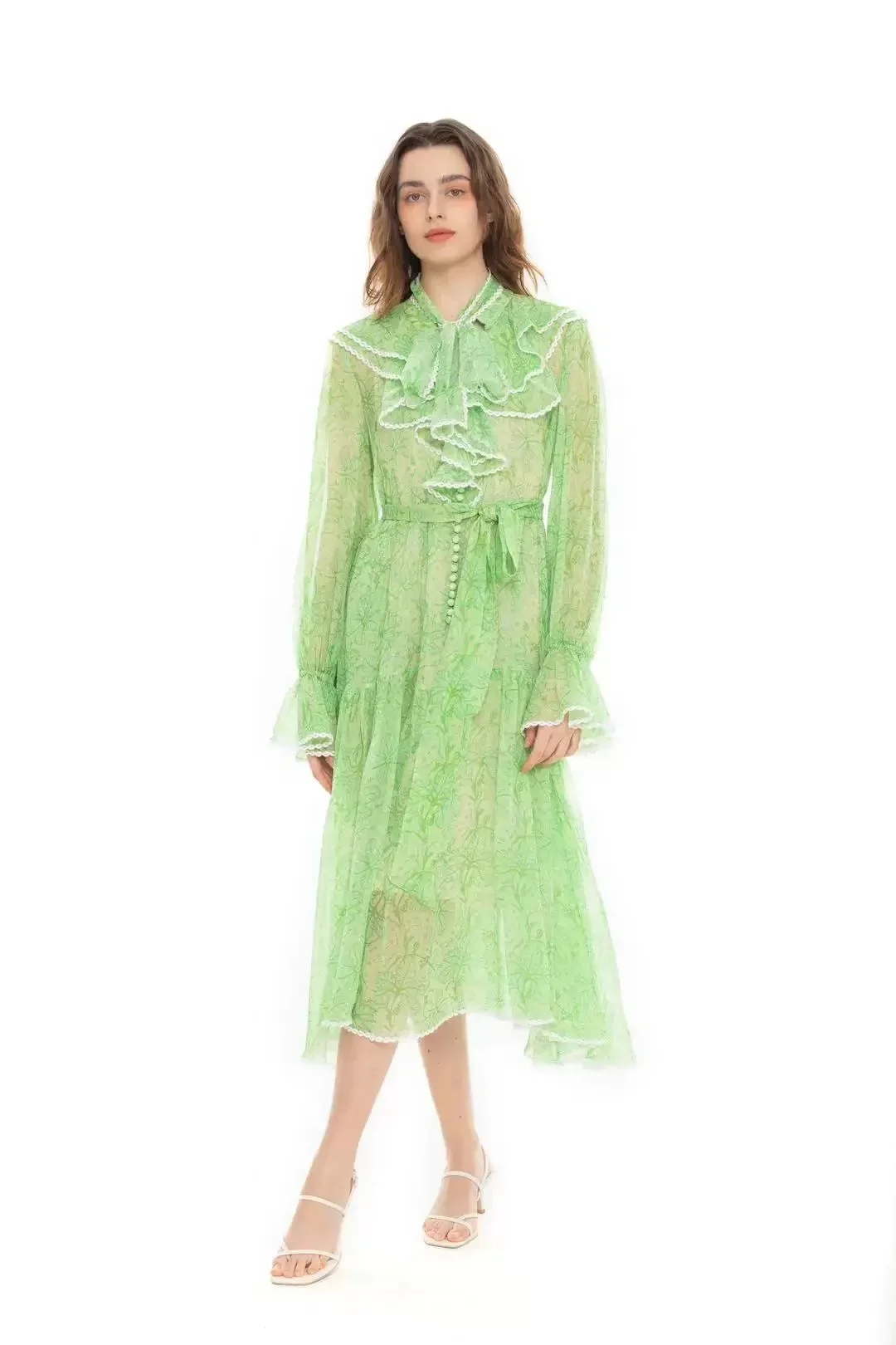 Women Ruffled Collar Flare Long Sleeve Green Flower Printed 100% Silk Buttons Long Dress