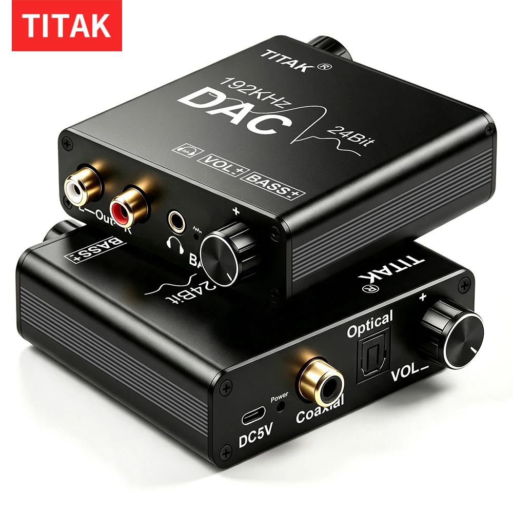 192KHz Digital to Analog Audio Converter with Bass and Volume AdjustmentDigital SPDIF/Optical/Coaxial to Analog Stereo