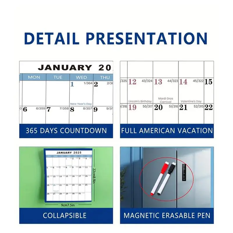 Wymazywalny duży kalendarz ścienny na 2025 Dwustronny, wymazywalny na sucho i na mokro 12-miesięczny roczny kalendarz do planowania pracy