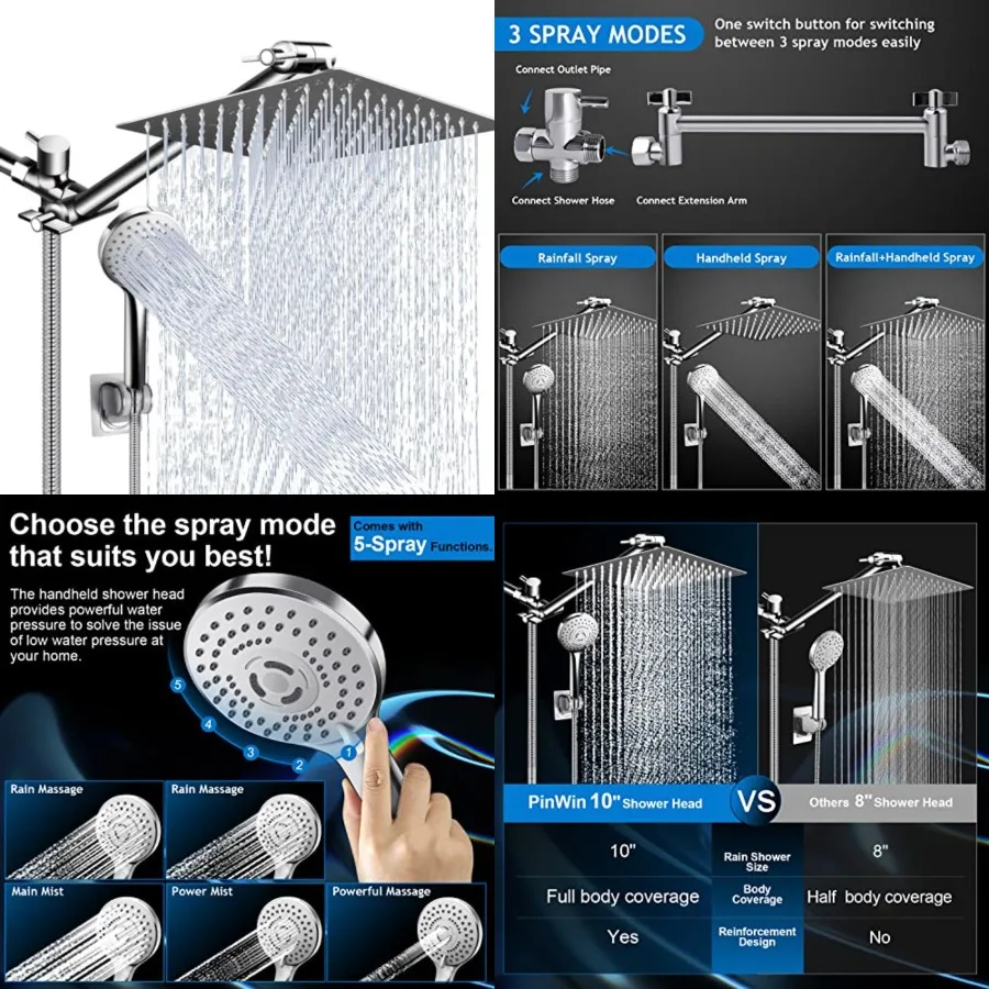 

Shower Head Combo, 10 Inch High Pressure Rain Shower Head with 11 in Adjustable Extension Arm and 5 Settings Handheld, Powerful
