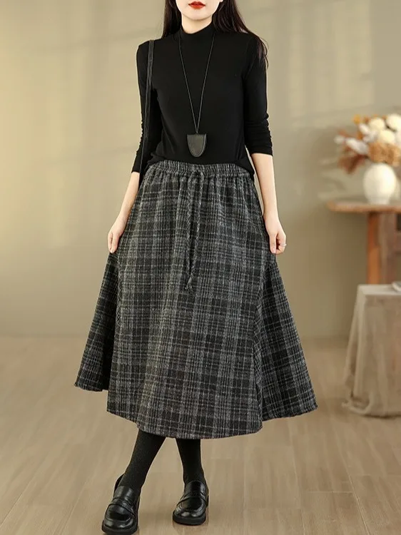 레트로 하이웨이스트 A라인 체크 스커트 여성용 겨울 루즈핏 허리 슬림 미디 스커트 캐주얼 인조 퍼 소재
