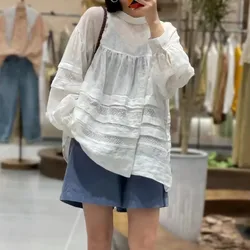 Johnature Spring Summer New Thin Ramie Ruffles Sunscreen Women Tops 2024 Vintage Japanese Patchwork Lace Loose Mori Blouses