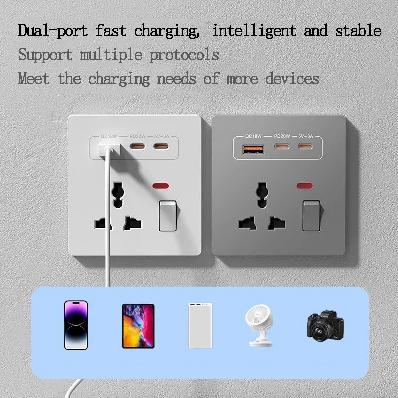 UK Standard 86 wall Multi-Function Universal 3pin USB Socket With Dual Type-c 20W Power Fast Charging Panel Four Colors Optional