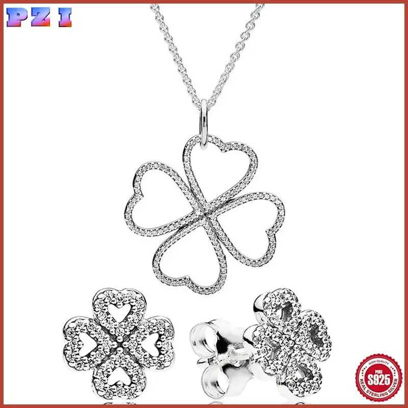 

Authentic 925 Sterling Silver Clover Petals Of Love Earring Necklace With Crystal For Women Jewelry Set Gift