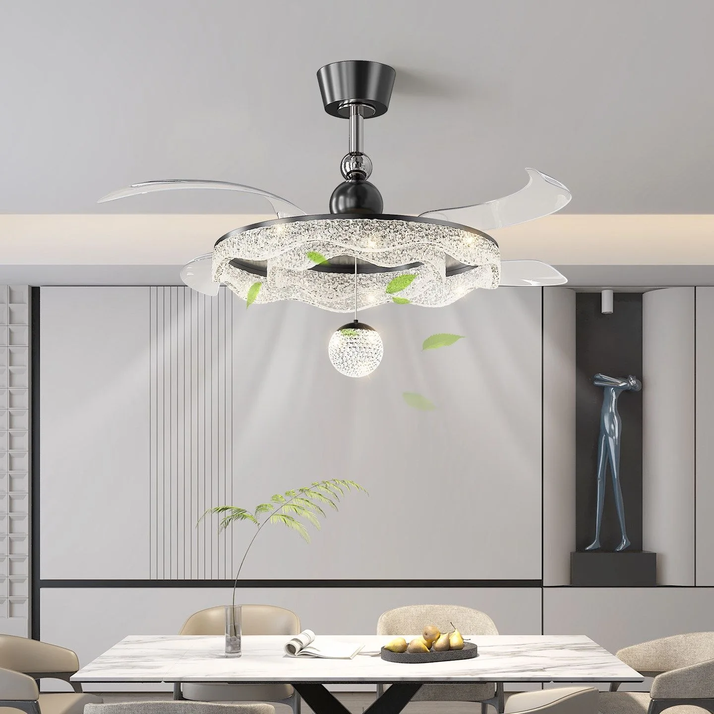 Modern Luxury Restaurant Fan Light Latest Version Ice Crack Ceiling Fan Light Simple Bedroom Study Silent Invisible Fan Light