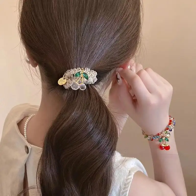 Cherry Blossom & Star Drop Rhinestone Hair Tie - Dual Use As Bracelet (Elegant Gift For Women & Best Friends)