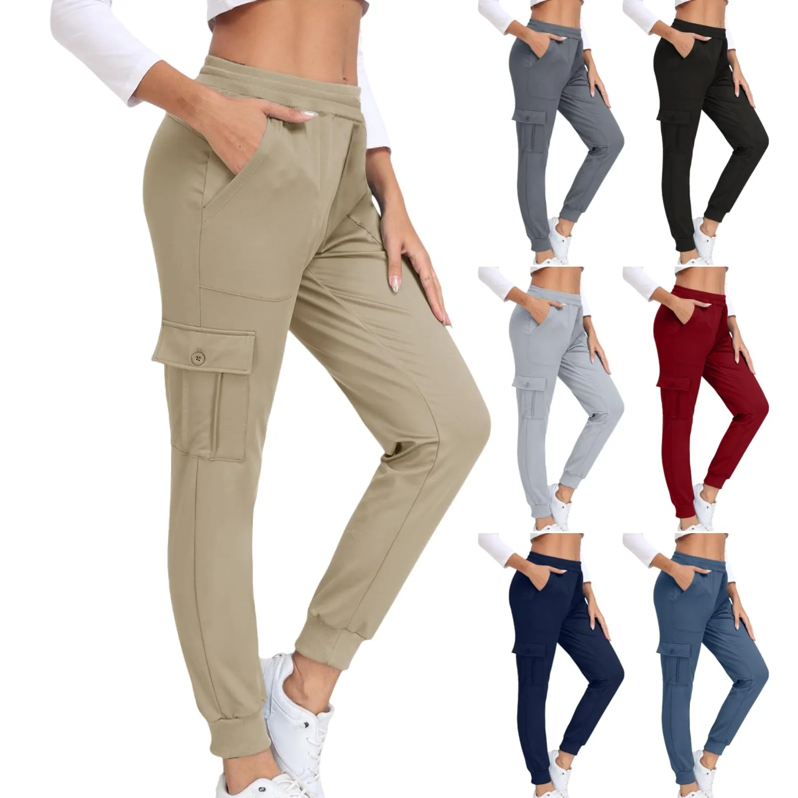 Women's Solid Color Baggy Slimming Running Fitness Pants Pocket Girdle Foot Cargo Pants Long Pants pantalones de mujer