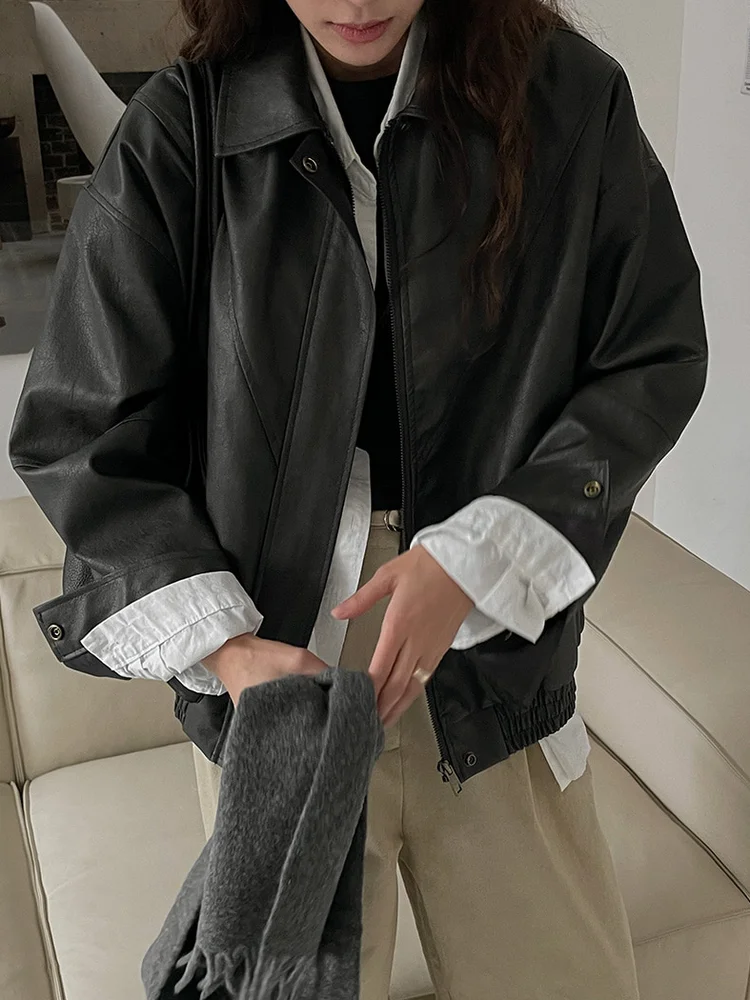 أوائل الخريف الحصري الرجعية Sli بو الجلود Jaet تصميم سستة طوق معطف فضفاض ملابس خارجية معطف السيدات Faionable #2