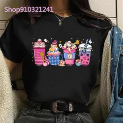 Cartoon Coffee Women T-Shirt Alice In Wonderland Print Princess T Shirt Femme Summer Tops Female T-shirt Graphic Black Shirt