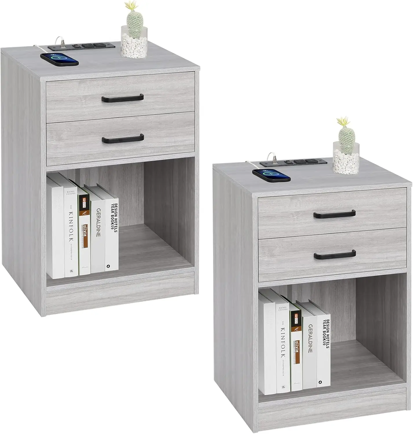 

Nightstands Set of 2,Grey Nightstand with Charging Station & Drawers,Night Stands for Bedrooms Set of 2
