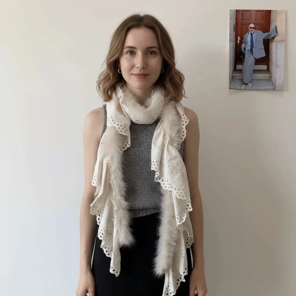 

Ретро Y2k кружевной шарф утепленная теплая плюшевая шаль в корейском стиле однотонные зимние шарфы для женщин/мужчин