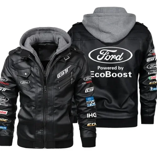 신상 봄버 포드 머스탱 랠리 로고 남성용 가죽 재킷, 가을 캐주얼 오토바이 PU 재킷, 바이커 가죽 코트, 브랜드 의류 E 