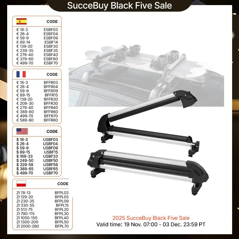 SucceBuy Portaequipajes para esquí y snowboard, portaequipajes universal para esquí de 31,7 pulgadas, para techo de coche, apto para la mayoría de barras transversales, llevan hasta 6 pares de tablas de snowboard