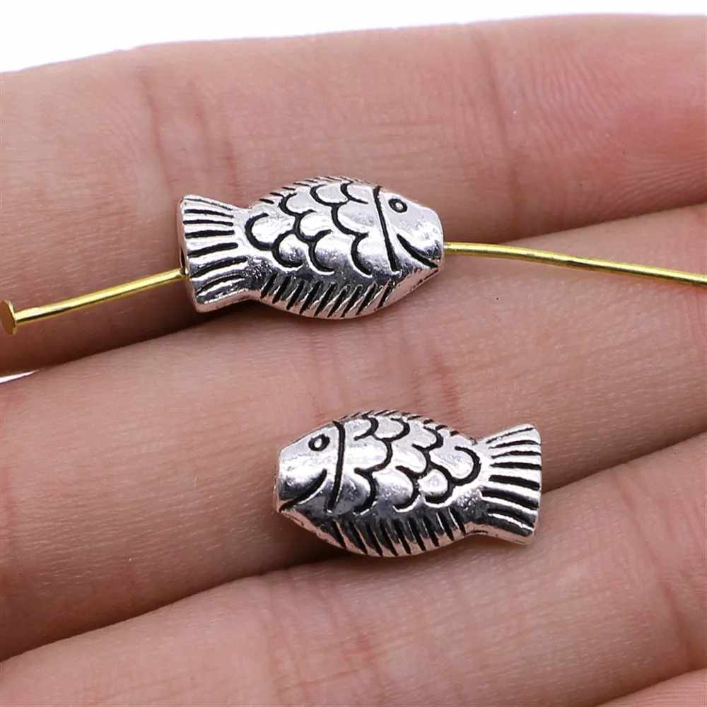 WYSIWYG 4pcs Fish Beads Charms Jewelry Accessories Antique Silver Color 9x17mm For Jewelry Making