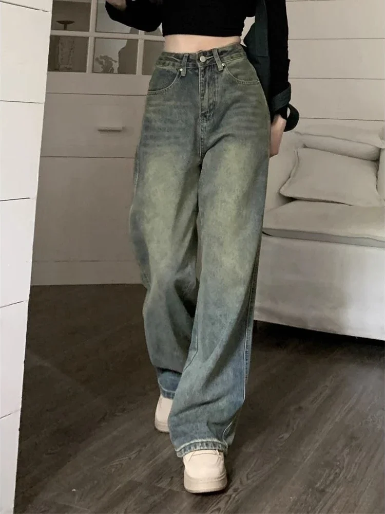 QWEEK Y2k Baggy Wide Leg Jeans Women Vintage Streetwear Washed Denim Pants Grunge Basic Slouchy Blue Trousers Femme Spring New