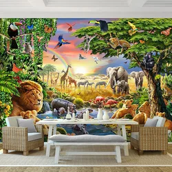 リビングルーム用のカスタム3D壁紙,子供部屋用の動物写真の壁画,虹,空,森,動物,象,ライオン,油絵