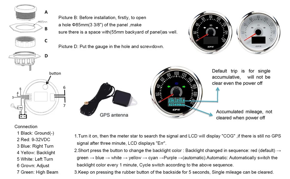 7-Farben-Hintergrundbeleuchtung GPS-Tachometer mit GPS-Antenne 0-160MPH/0-200KMH 85MM Geschwindigkeitsmesser für Auto, Marine, Boot 12V 24V – Detail 21