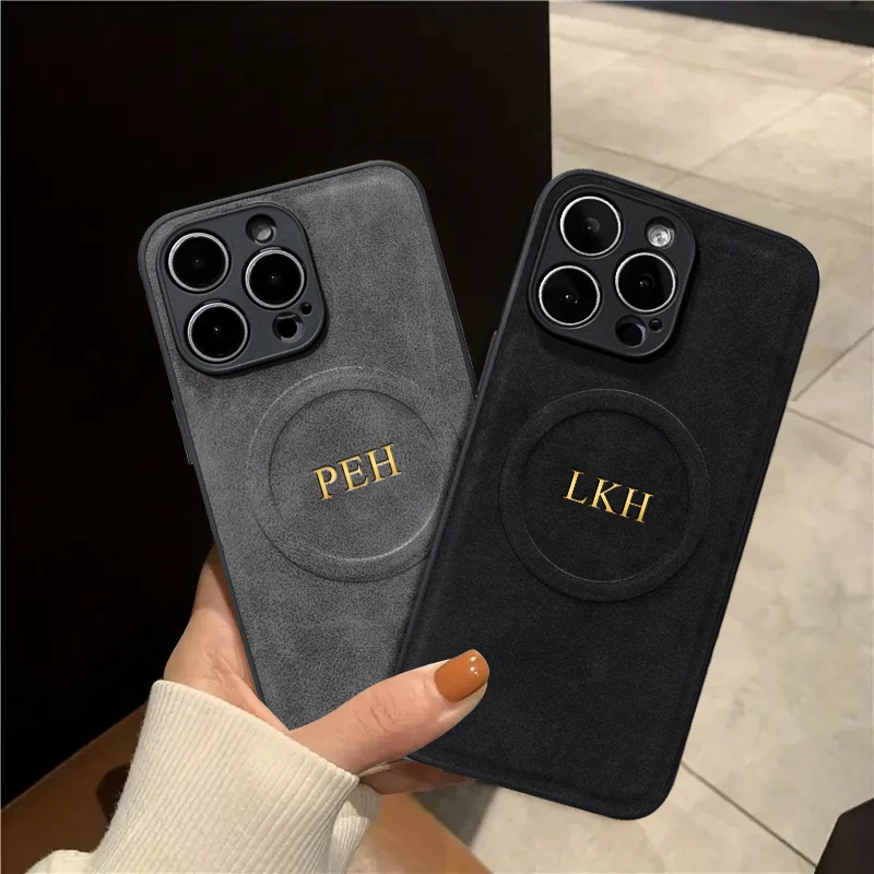 Personalized Customized Initials Name Case For iPhone 16 15 14 13 12 11 Pro Max Magnetic For Magsafe lambskin Leather Gift Cover