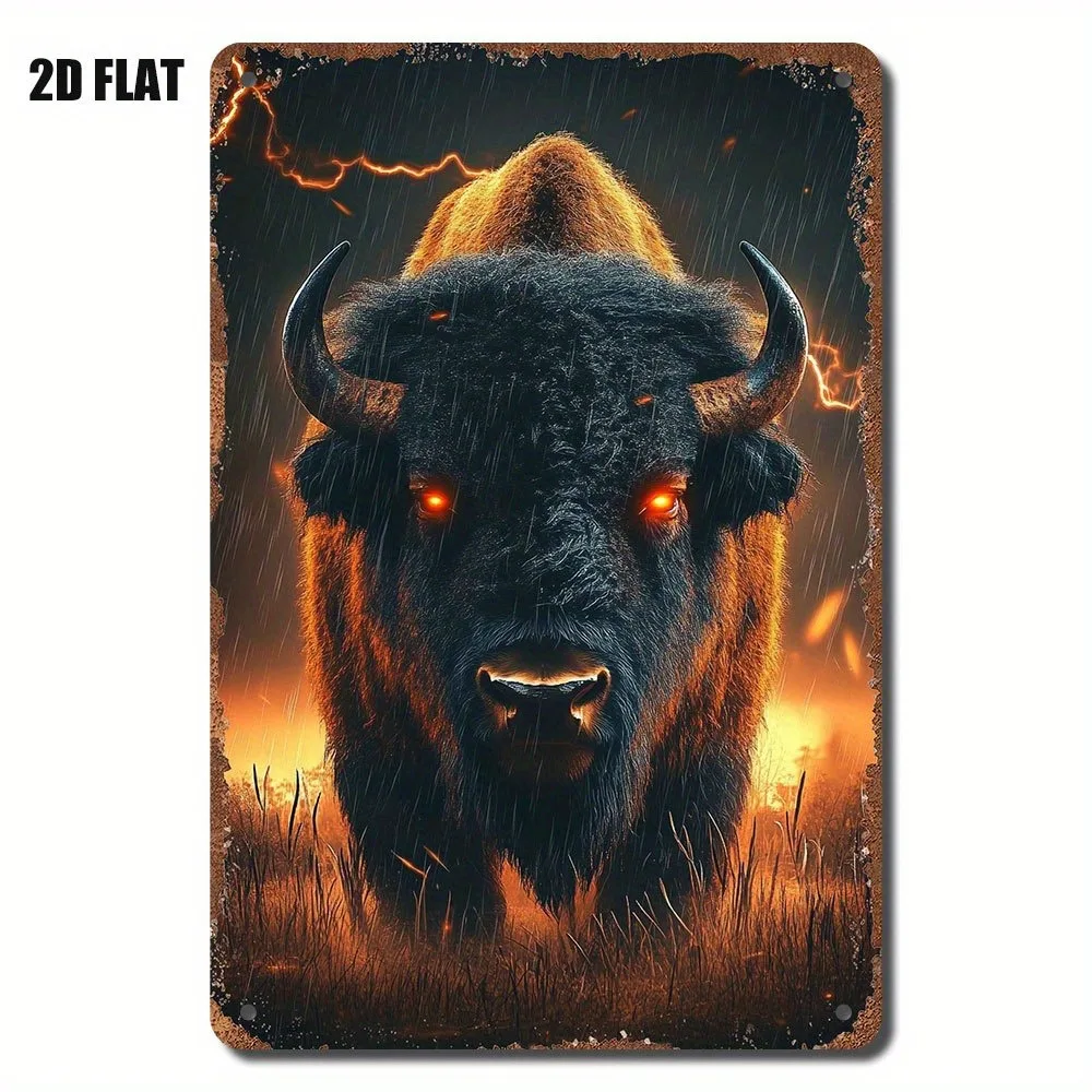 Brand 2D Flat Iron Wall Art Flame Furious Bull - Glowing Red Eyes, Storm & Fire Design 8x12 Inch Metal Tin Painting for Home