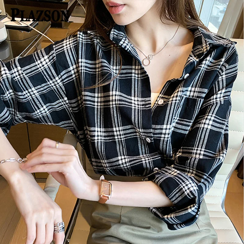 Black White Plaid Shirt Women Autumn Long Sleeve Tops Female Vintage Fashion Single Breasted Blouse Ladies Loose Check Shirts