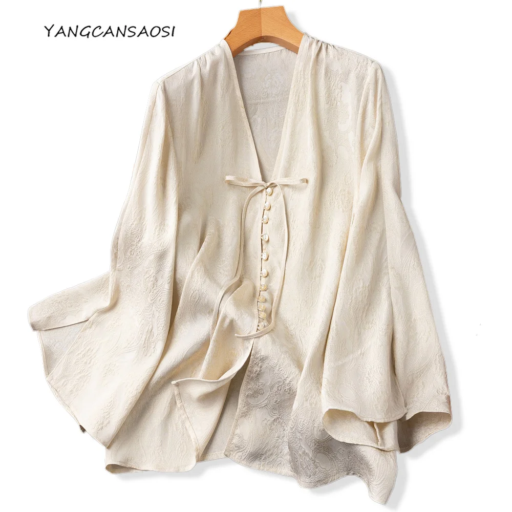 Women's Fashion Autumn New 100% Natural Mulberry Silk Jacquard GuanLe Crepe (Excluding Gold Thread) V-neck Beige Lace Up Shirt