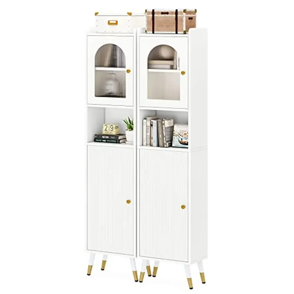 Tall Slim Linen Storage Cabinet with 2 Doors and 6 Shelves White Free Standing Tower Bathroom and Home Organization 66.9''