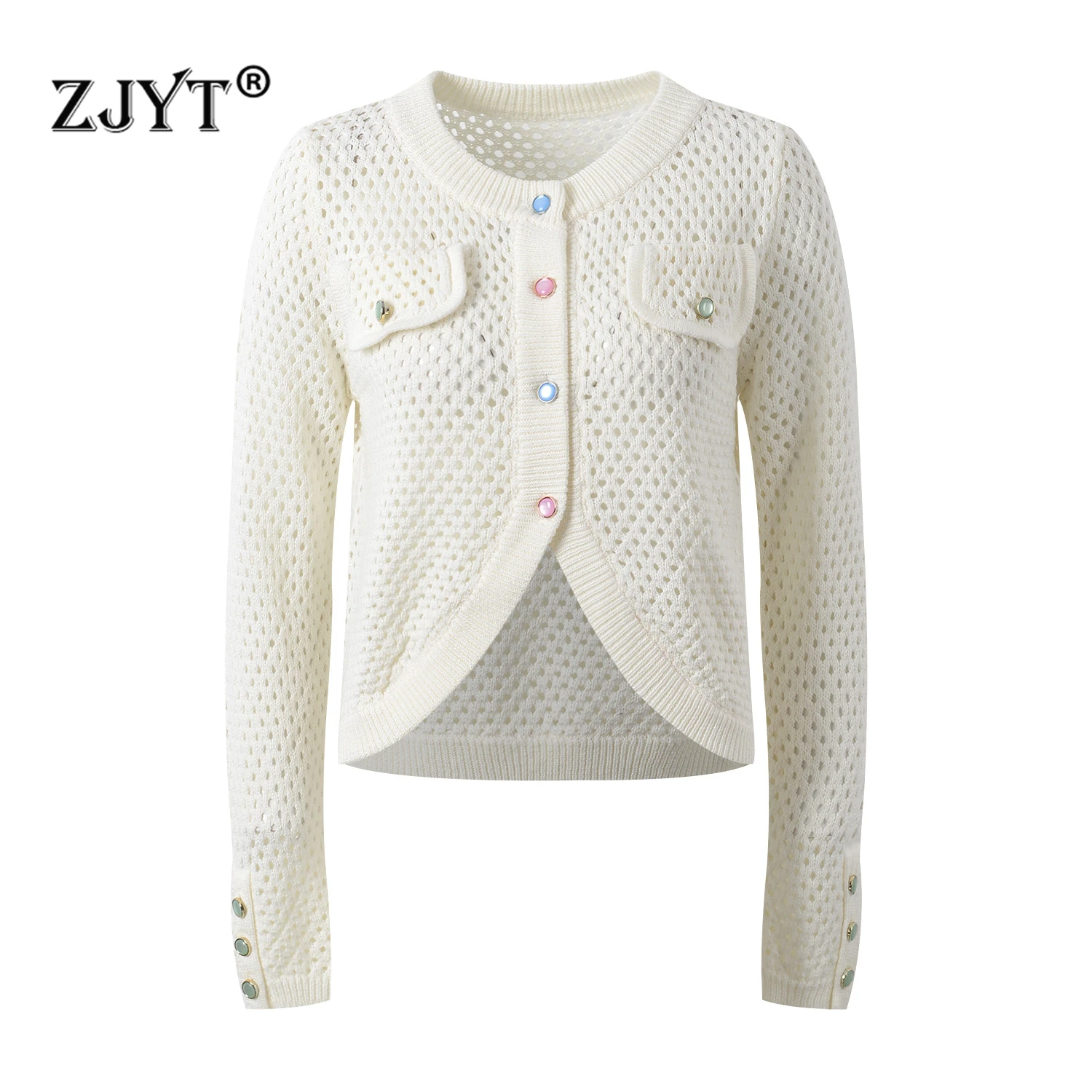 ZJYT Women\'s Hollow Out Cardigan Coat Sweaters Long Sleeve Knitting Tops White Female Europe Fashion Knitwears Jersey Mujer 2024