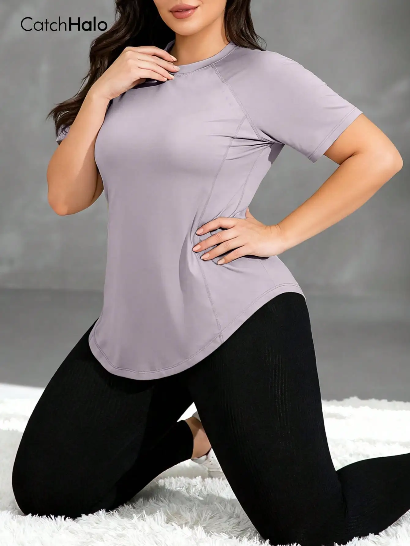 Plus Size Yoga Top Light Blue Waist Shaping Curved Hem Soft Reflective Label Fitness Casual Tee