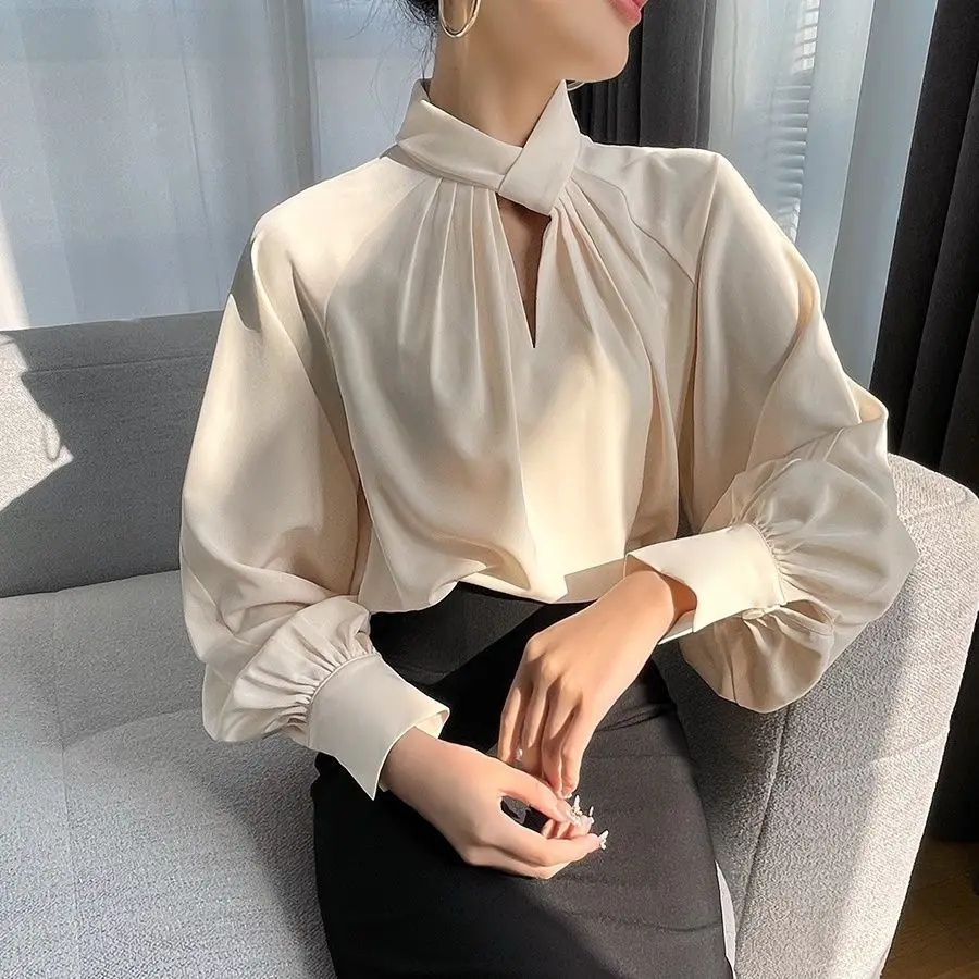 Irregular Ladies Solid Color Blouse Spring Autumn 2023 New Temperament Pleated Pullover Stand Collar Long Sleeve Women Shirts