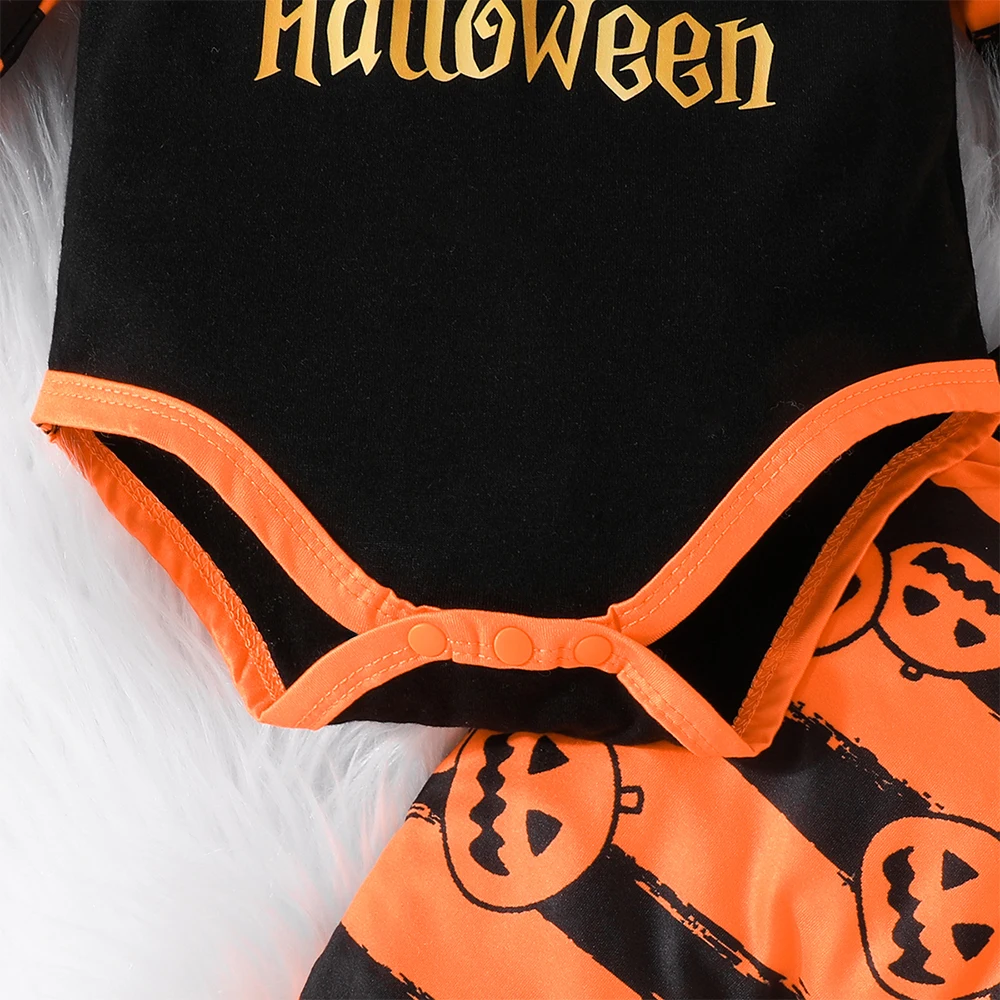 Halloween 3pcs Set Cosplay Costume 0-18M Pumpkin Print Boys Girl Long Sleeve Romper+Striped Pants+Hat Toddler Party Fall Outfits