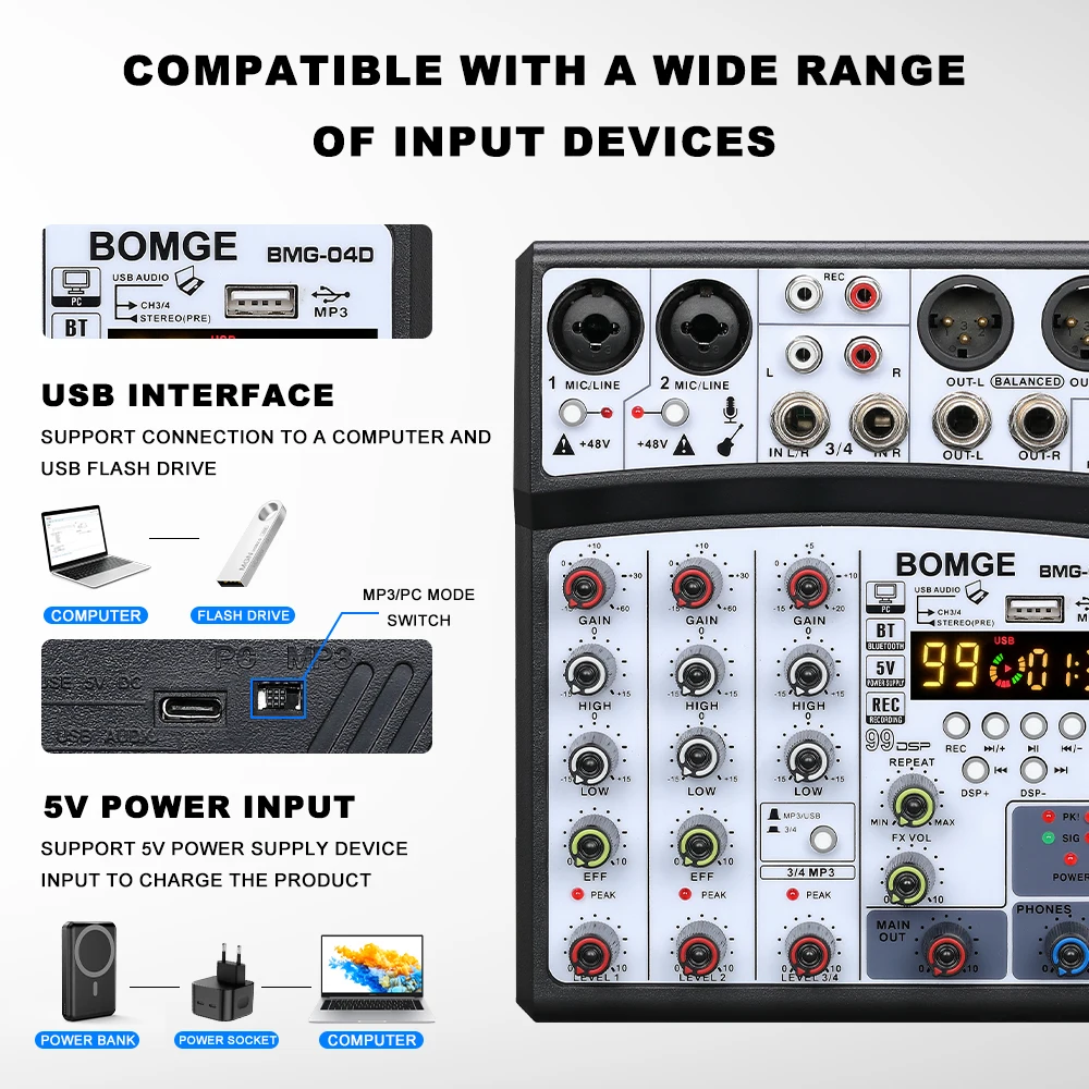 BOMGE 04D 4 قنوات DJ Audio Sound Mixer Interface Mixing Console مع مدخل 99DSP MP3، USB، مدخل بلوتوث، طاقة فانتوم 48 فولت